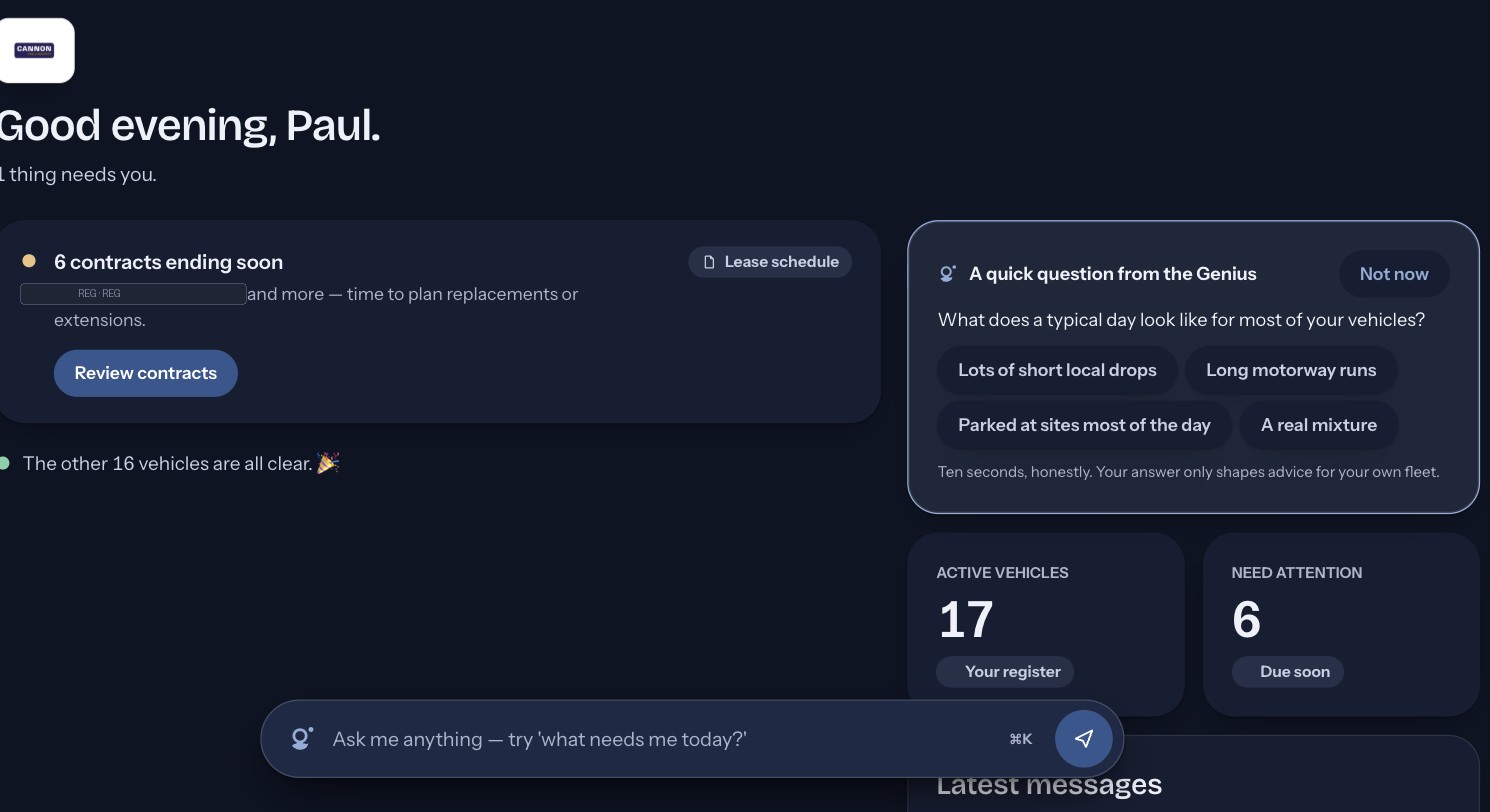 FleetGenius morning briefing screen, ranked by what needs attention: contracts ending soon, vehicles all clear